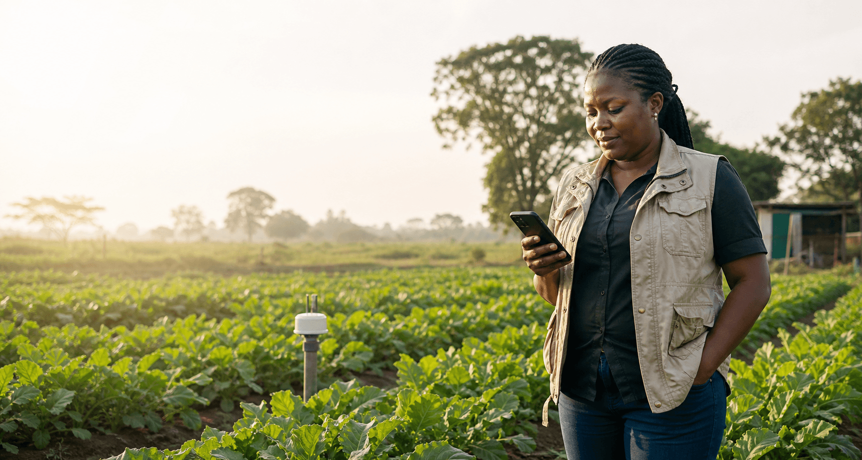 Nigerian agricultural professional using a smartphone beside a smart soil sensor